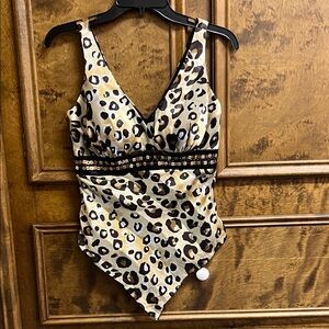 Cache Leopard Print Silk Tank Top with Black Accents